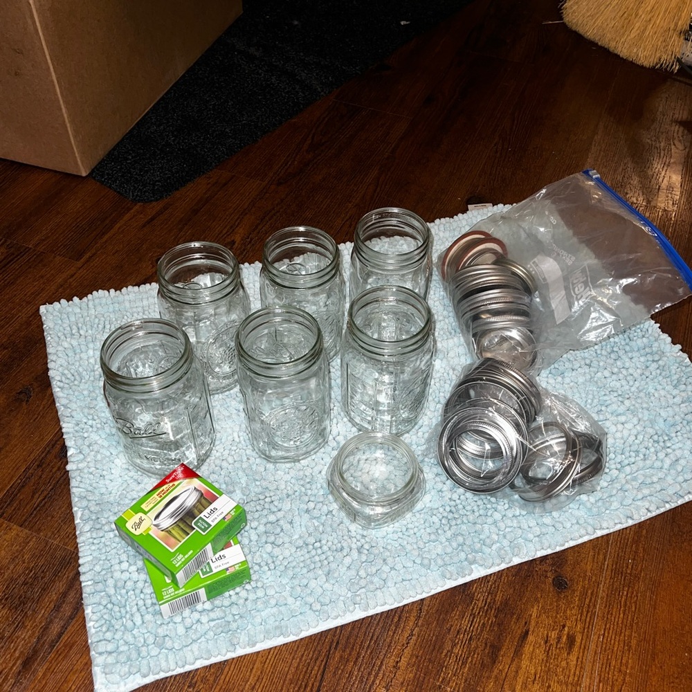 Set of 7 Clear Mason Jars One Small with Lids & Vintage Canning/Freezing Book